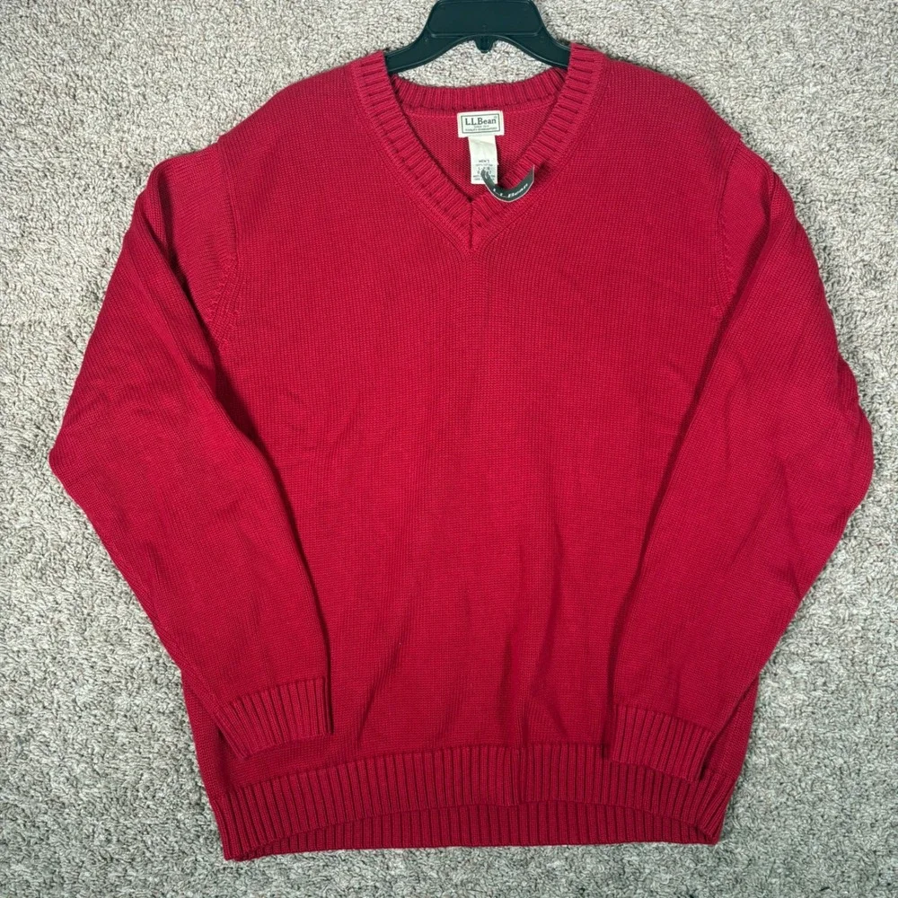 LL Bean Mens Red V-Neck Cotton Knit Sweater Large Regular L-REG 0FW82